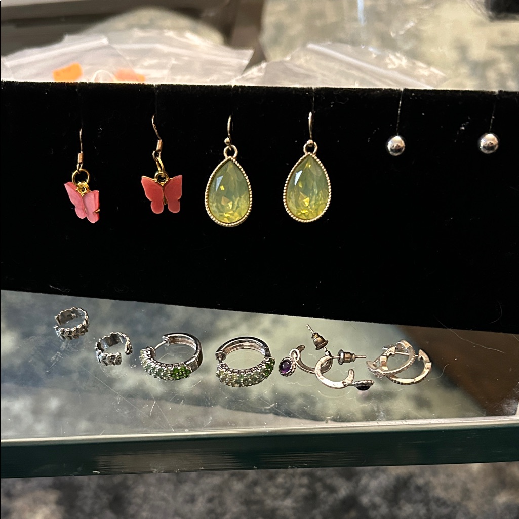 Elegant Pink Butterfly And Green Teardrop Earrings And Lot Of Different Earrings